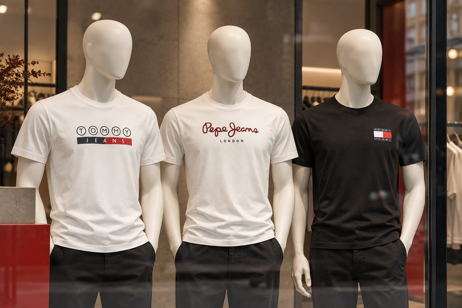 Schaufensterfiguren mit T-Shirts aus dem Sortiment